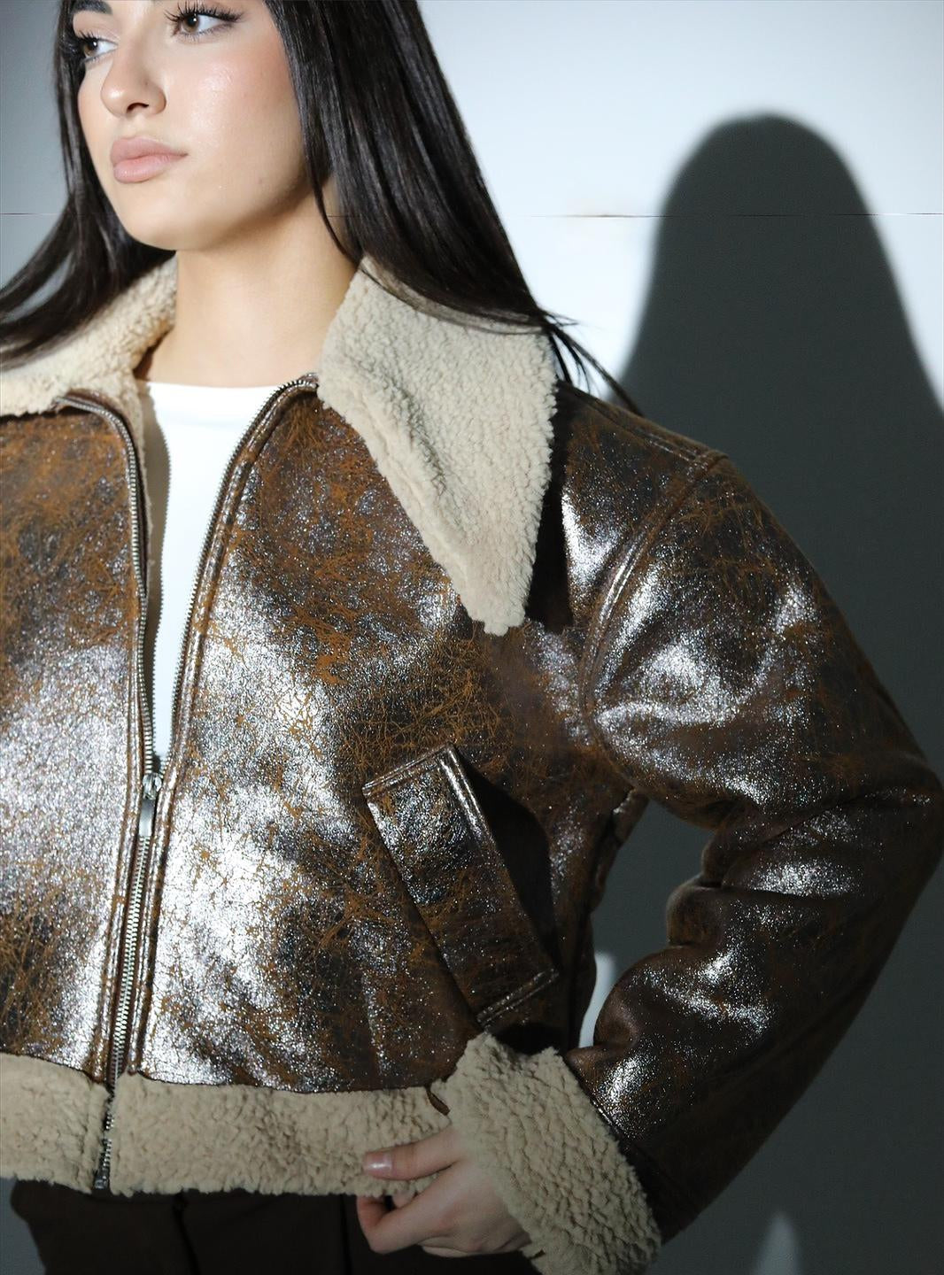 Metalik Efektli Kürklü Ceket